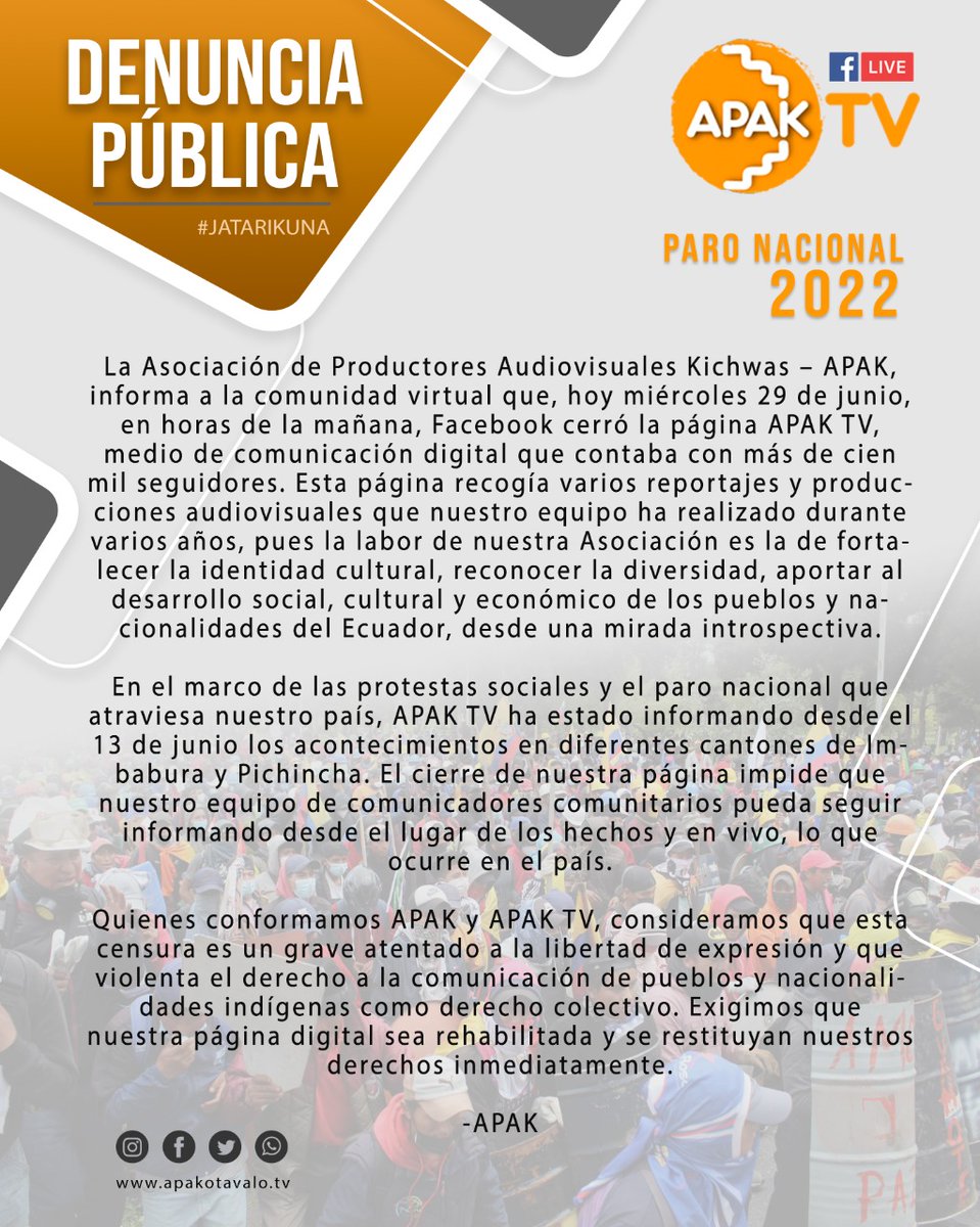 ApakTv's tweet photo. Públicamente denunciamos la eliminación del medio comunitario multicultural APAKTV.
Desea seguir informándose con APAKTV Síganos en: https://t.co/kQ6vsV4jIr 
#ParoNacional2022Ec
#ParenLaMasacre
#DDHH
#ApakTV
@CONAIE_Ecuador @DDHH_Alianza @DEFENSORIAEC 
@RELE_CIDH
@DdhhMision https://t.co/EMcmzj0XuI
