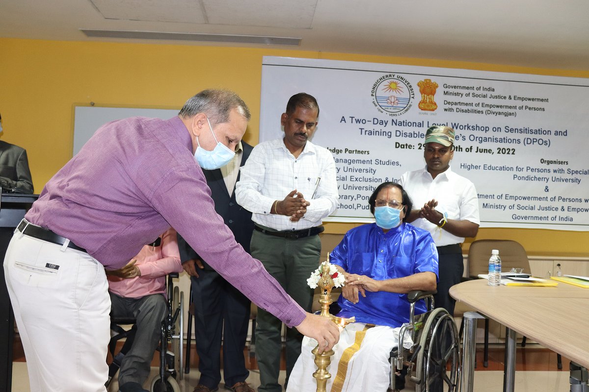 hinudi's tweet photo. During Inaugural function of A Two-Day Workshop on Sensitising and Training Disabled Peoples Organisations on 29th June 2022 organised by Higher Education for Persons with Special Needs, Pondicherry University and Department of Empowerment of Persons with Disabilities, MSJE, GoI https://t.co/j7vwH0dlwT