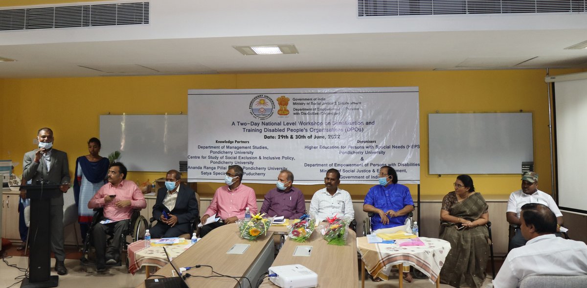 hinudi's tweet photo. During Inaugural function of A Two-Day Workshop on Sensitising and Training Disabled Peoples Organisations on 29th June 2022 organised by Higher Education for Persons with Special Needs, Pondicherry University and Department of Empowerment of Persons with Disabilities, MSJE, GoI https://t.co/j7vwH0dlwT