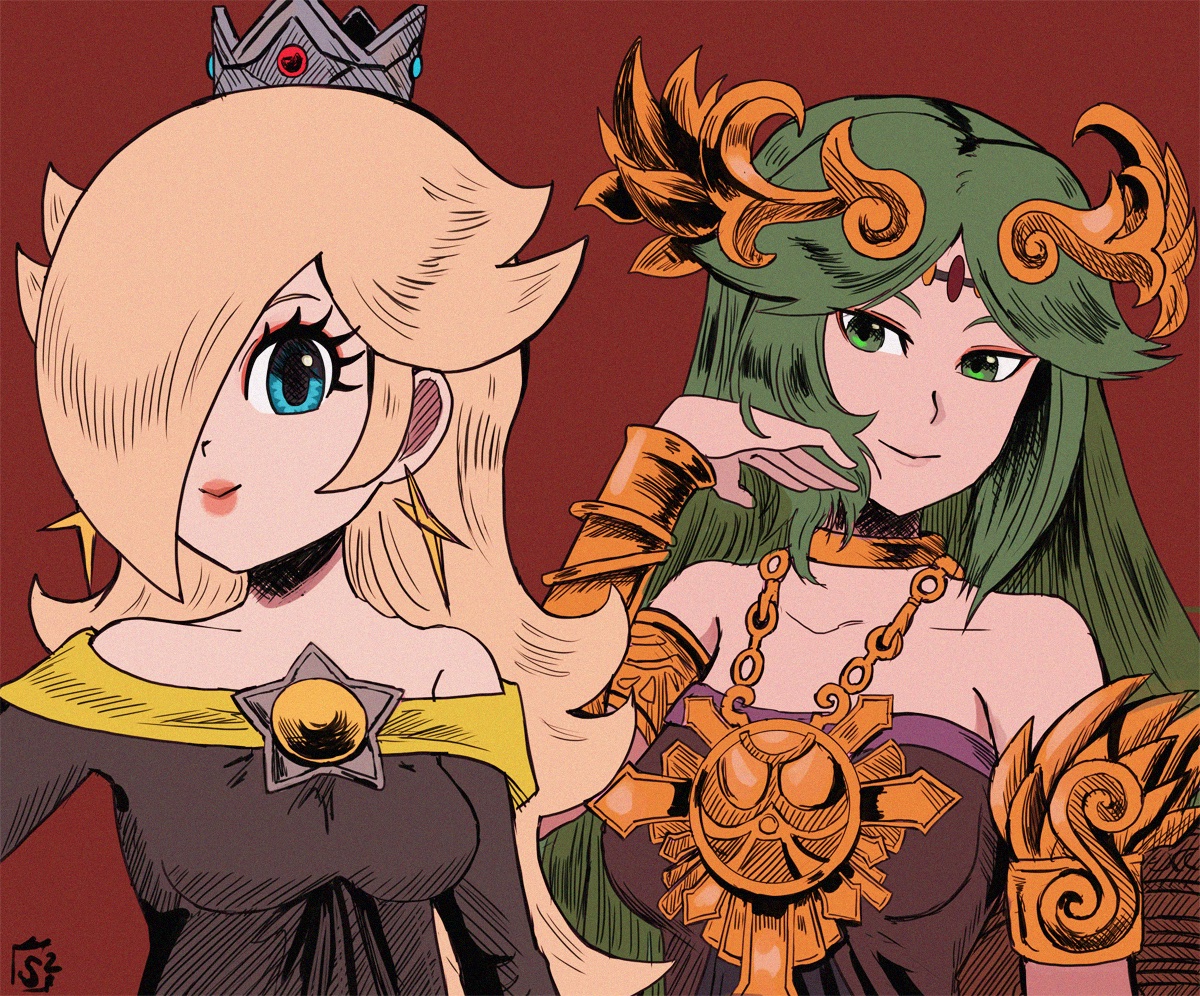 palutena ,rosalina multiple girls 2girls jewelry green eyes green hair blonde hair long hair  illustration images