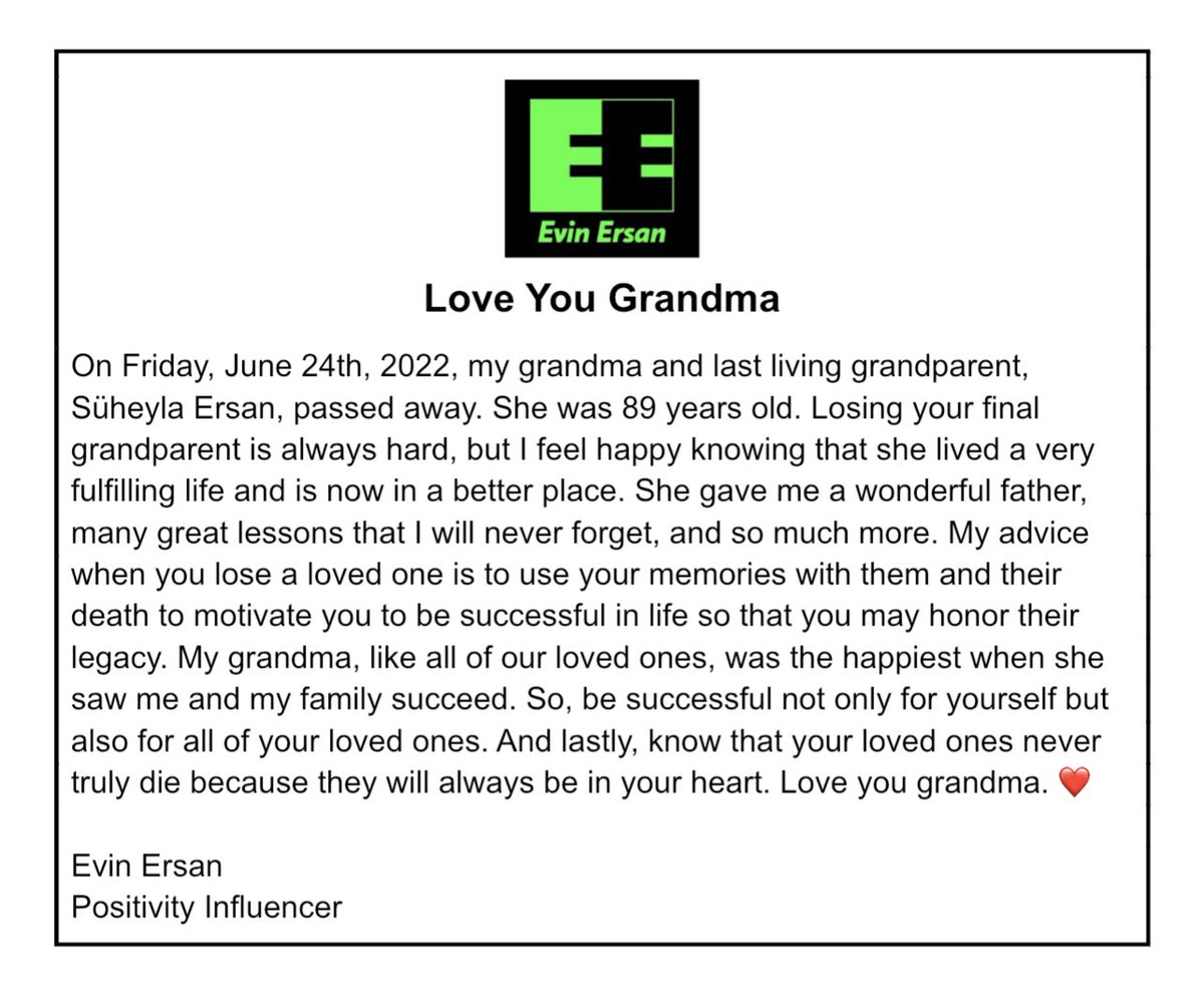 evinsersan's tweet photo. Grandma, thank you for everything. I will make sure I honor your legacy. I love you so much. ❤️

#positivemindset #postivequotes #affirmation #powerofpositivity #affirmations #positiveenergy #positiveaffirmations #familygoals #positivity #mindset #motivation #goals #inspiration https://t.co/U3SAxup1Nd