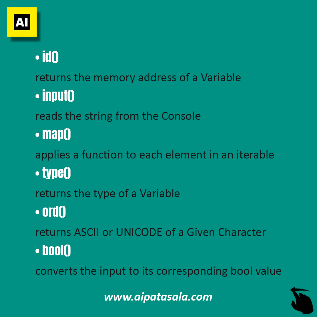 aipatasala's tweet photo. Python Built-in Functions 💯

Follow 👉 @aipatasala for more

Do you want to learn Python Programming, Data Science, ML, and Artificial Intelligence ?? 🤔

Register your seat for a free webinar on Data Science and Python now:- https://t.co/kSy0KVgQax https://t.co/BRkHFMLlpO