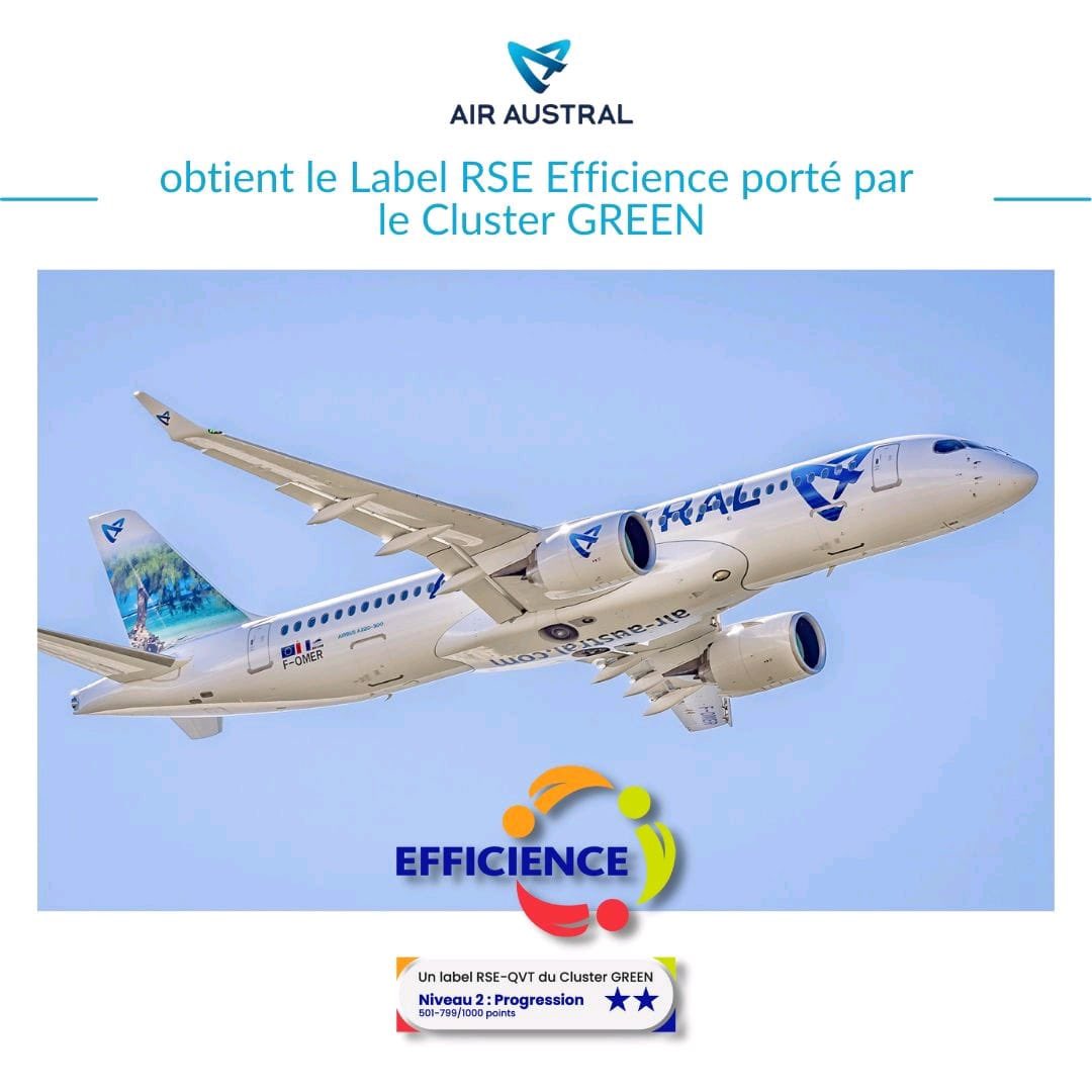Air Austral labellisée EFFICIENCE pour son engagement RSE 🎉
Elle devient l’une des premières entreprises réunionnaises à obtenir cette labellisation et la première compagnie française à voir son engagement RSE certifié par un label RSE français. Bravo à tout le personnel  !