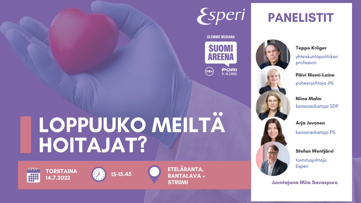 JampsuN's tweet photo. Tervetuloa heinäkuussa seuraamaan #EsperiCare:n järjestämää paneelia "Loppuuko meiltä hoitajat?" #Pori @SuomiAreena:an. Mukana keskustelussa @paiviNI @niina_malm @arjajuvonen @teppokroger sekä Stefan Wentjärvi #suomiareena #hoiva #yhteiskunnallinenkeskustelu https://t.co/U08GAKcRKO