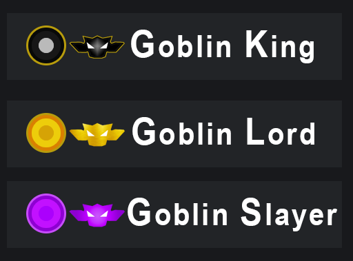 MirandusGame's tweet photo. What would a playtest be without some bragging rights, hey travelers? 😏

Thus, the Goblin titles of Discord hath been born! The top 10 people that kill the most goblins will receive said titles (1 Goblin King, 4 Goblin Lord, 5 Goblin Slayer).

They'll look something like this: https://t.co/7CgVusEfch