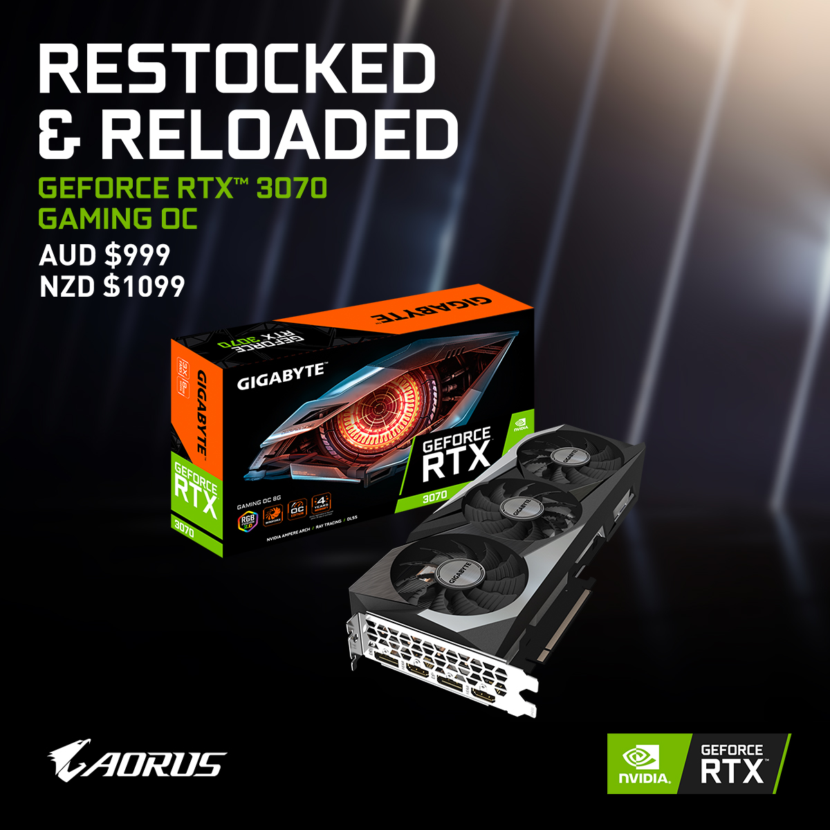 AORUS_ANZ's tweet photo. GIGABYTE GeForce RTX 3070 Gaming OC cards are now Restocked & Reloaded ! Enjoy the ultimate gameplay experience with NVIDIA GeForce DLSS and game-winning responsiveness with NVIDIA Reflex now! #UltimatePlay
Check the deal ๐ https://t.co/XPYUI5neN5 https://t.co/0uaX00FUYI