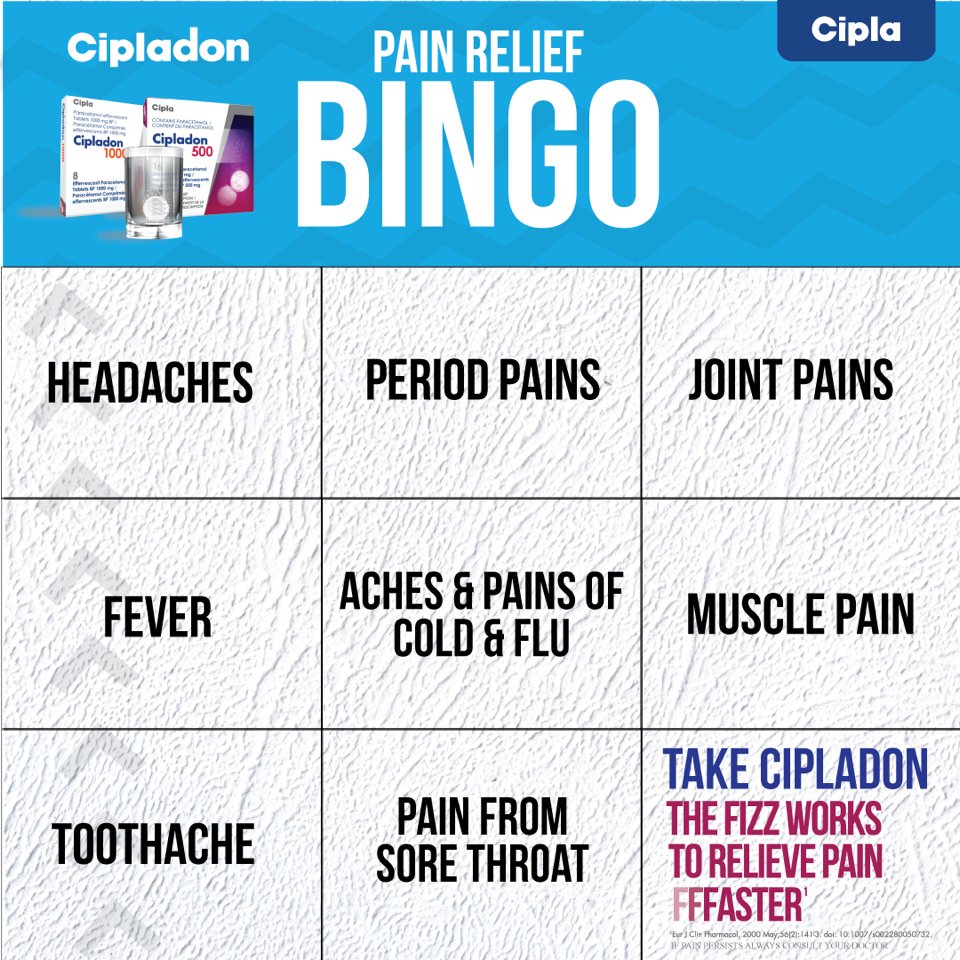 cipladon's tweet photo. One instance where Yelling #bingo would be quite painful😥, all puns intended. 
Take #Cipladon! The fizz works fffaster to relieve #pain and #fever.
If symptoms persist seek medical advice.
#dareforfasterpainrelief #TrytheFIZZ https://t.co/S7flRY2aym