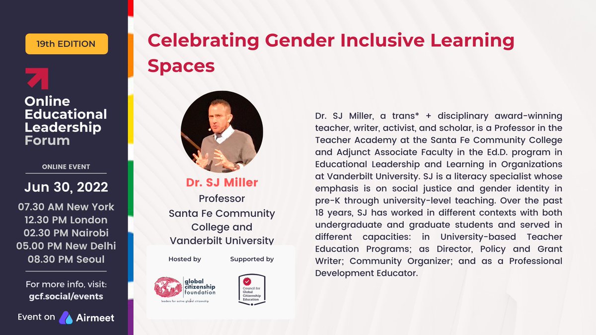 CitizenshipFund's tweet photo. SJ Miller, Ph.D. (Professor, Santa Fe Community College and Vanderbilt University) will join us at our 19th #OELF #PanelDiscussion.
Register today to gain valuable insights from his expertise in #socialjustice and #genderidentity.
https://t.co/JFuwhBoT6D https://t.co/EVzOoGnLXc