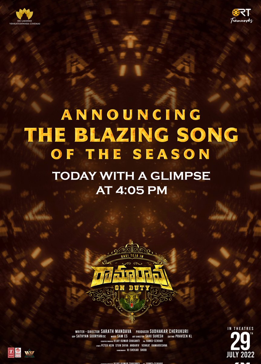 SLVCinemasOffl's tweet photo. The temperatures will be soaring with the Blazing Song of the Season ❤️🔥
Announcement with a glimpse Today at 4:05 PM 💥💥
#RamaRaoOnDutyOnJULY29
Mass Maharaja @RaviTeja_offl @directorsarat @itsdivyanshak @rajisha_vijayan @SamCSmusic @RTTeamWorks @LahariMusic https://t.co/KlHnK9uMod
