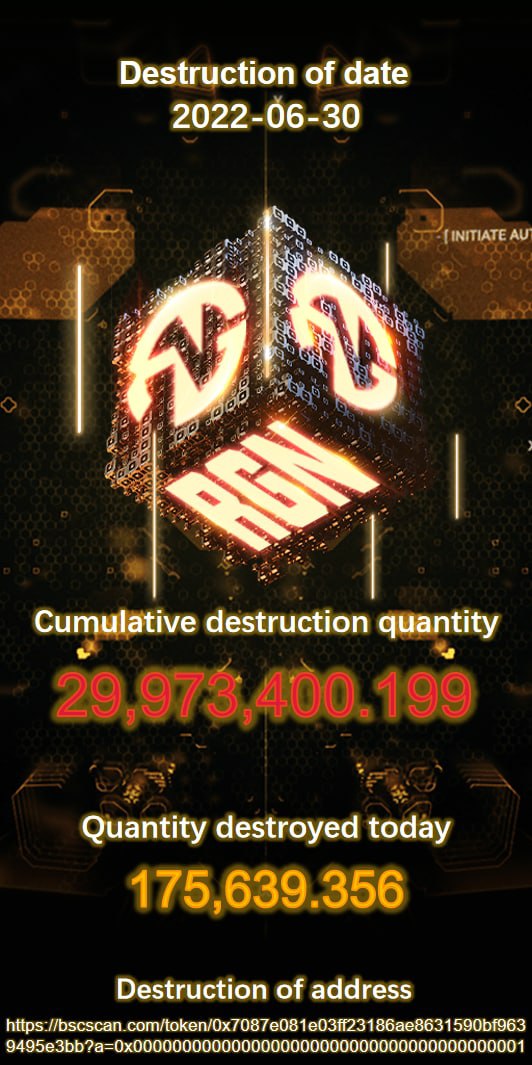 🔥 #RadiantGlory Token (RGN) Destruction Update 🔥

🔸 Date: 06-30-2021
🔸 Quantity destroyed today: 175,639.356
🔸 Cumulative destruction quantity: 29,973,400.199

📍 $RGN destruction address: bscscan.com/token/0x7087e0…