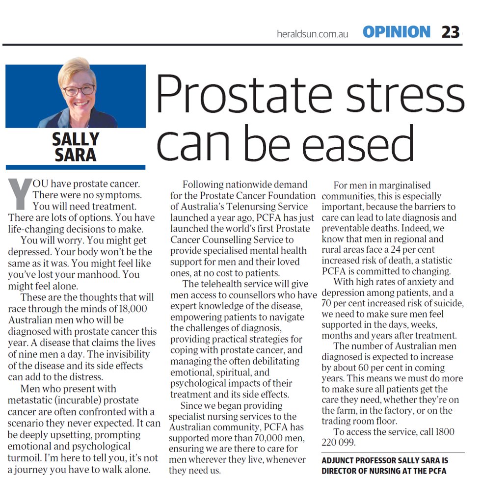 Read <a href="/sallyamsara/">Sally_Sara</a>'s latest opinion piece in today's <a href="/theheraldsun/">Herald Sun</a> highlighting how PCFA's new counselling service will help ensure men don't have to walk through #prostatecancer alone. If you need support - call us on 1800 22 00 99 <a href="/BernieRiley13/">Yelir B</a> <a href="/ProfJeffDunn/">Professor Jeff Dunn AO</a> @ChambersInOz