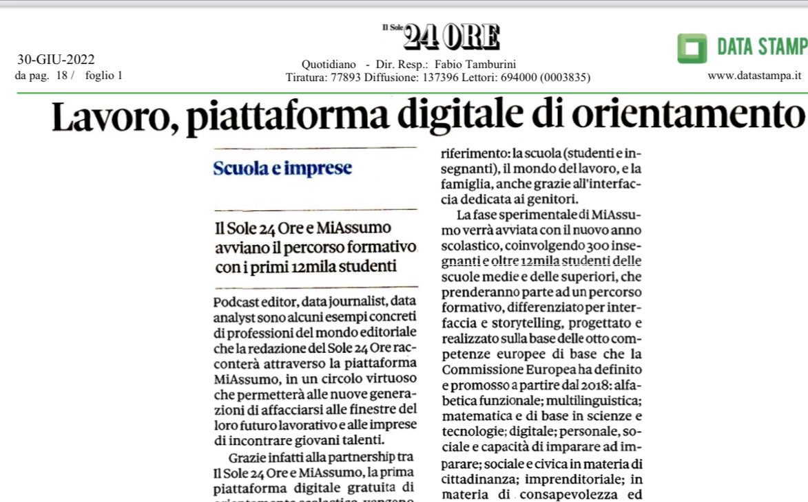 #orientare le ragazze e i ragazzi significa costruire il #futuro ed un tempo nuovo del #lavoro 
#Miassumo è la piattaforma #digitale ponte per il futuro.
noi <a href="/asstel_it/">Assotelecomunicazioni</a> ci siamo!#TLC #DigitalTransformation #scuola