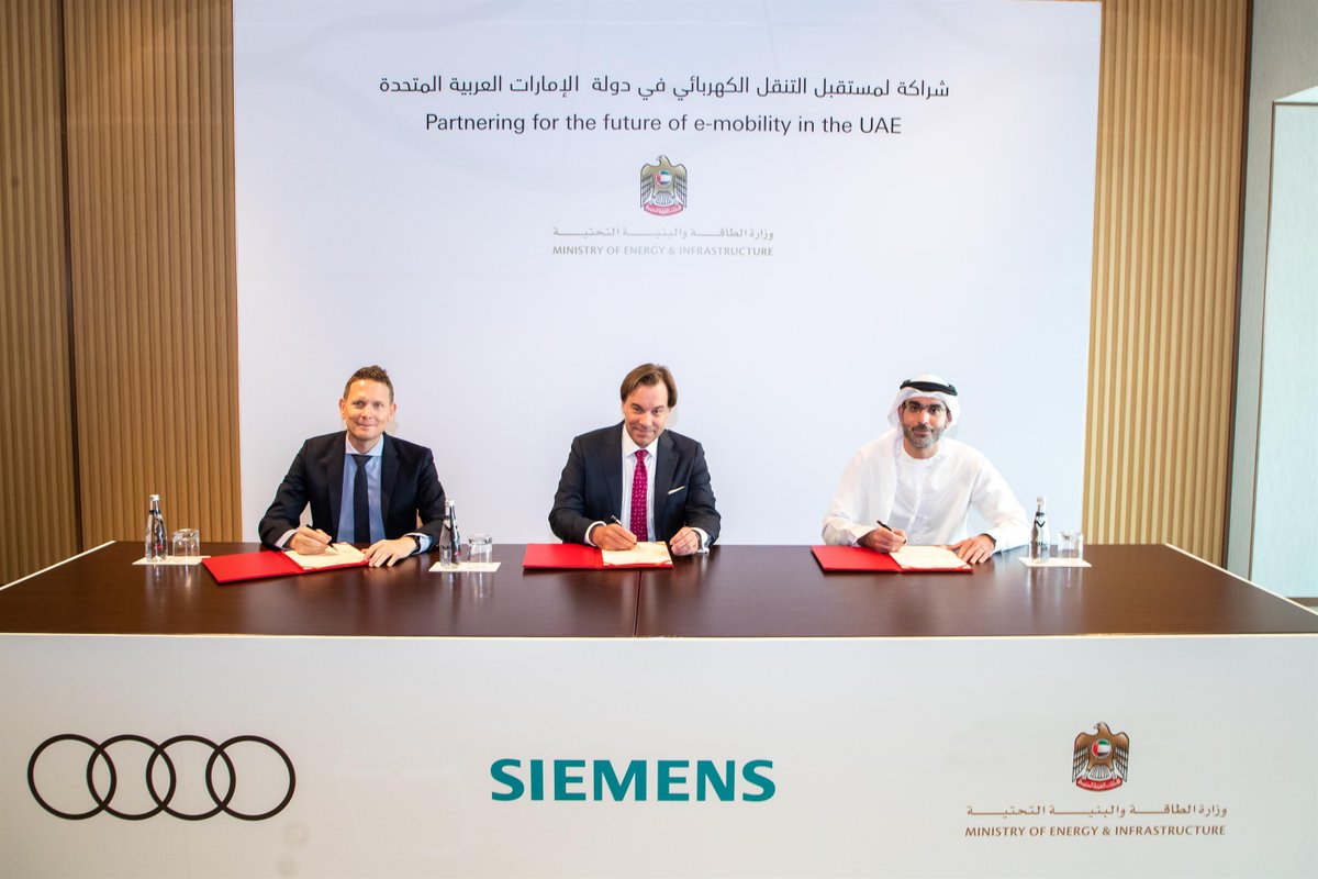 On the road to #emobility and a #sustainable transportation network, <a href="/MOEIUAE/">وزارة الطاقة والبنية التحتية</a>, @audimiddleeast and Siemens have come together to boost electric vehicle charging capacity and increase adoption of #EVs across the UAE: sie.ag/3nvqavP