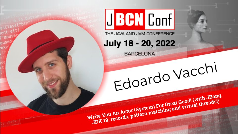 dev_bcn's tweet photo. @and_prf and @evacchi will be at #jbcn22 🎉🎉🎉
In the workshop "Write You An Actor (System) For Great Good! (with JBang, JDK 19, records, pattern matching and virtual threads!)" we will learn to work with system actors in java. https://t.co/XnUDRL3sL3