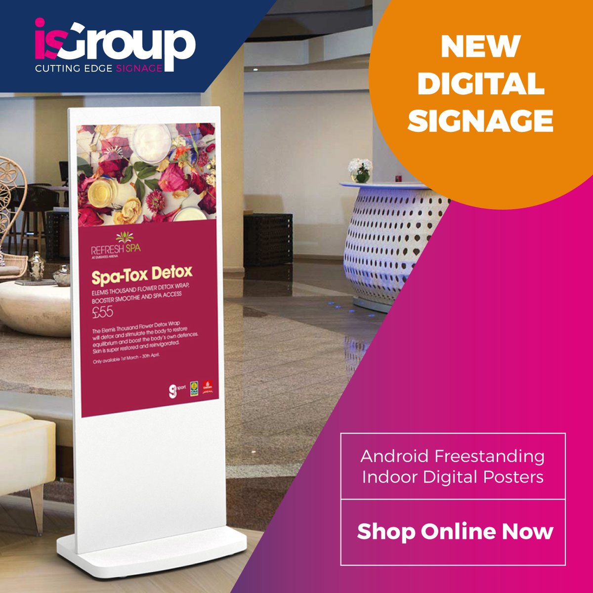 **New indoor freestanding digital signage available in our online shop** 📣

Comes with a 3-year warranty, lifetime support, and FREE delivery. Different sizes are available 🚚

Buy now 🌐 bit.ly/isGroup-indoor…

#digitalsigns