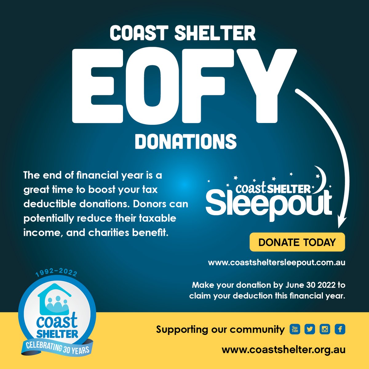 EOFY Donations help. ow.ly/kjuh50JHMWw End of financial year is a great time to boost your tax deductible donations. Donors can potentially reduce their taxable income, and charities benefit. Make donation by June 30 2022 to claim your deduction this financial year. #EOFY