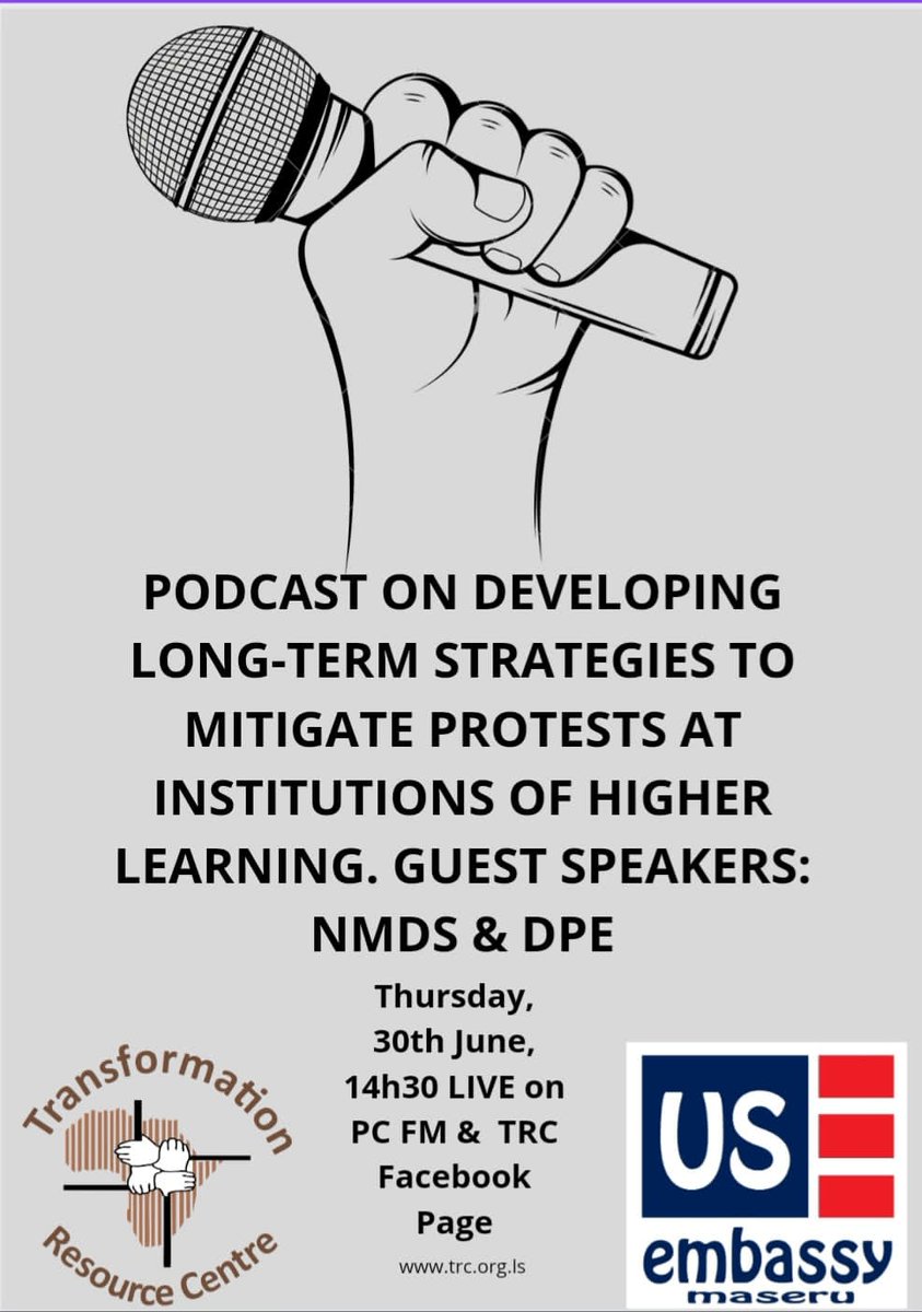 Official Transformation Resource Centre (TRC) (@info1trc) on Twitter photo PODCAST DAY!!
Join us today at 14:30 LIVE on PC FM and our Facebook Page for a podcast session on developing long-term strategies to mitigate protests at institution of higher learning with Guest Speakers <a href="/DpeLesotho/">DPE Lesotho</a> and NMDS. 
#LsTwitter #Podcast #PCFM #TRC PODCAST DAY!!
Join us today at 14:30 LIVE on PC FM and our Facebook Page for a podcast session on developing long-term strategies to mitigate protests at institution of higher learning with Guest Speakers <a href="/DpeLesotho/">DPE Lesotho</a> and NMDS. 
#LsTwitter #Podcast #PCFM #TRC