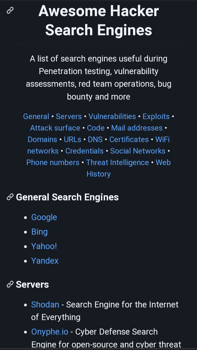 Karşımızdaki hedef hakkında çeşitli bilgiler toplayabileceğimiz platformları içeren github reposu. github.com/edoardottt/awe… #cybersecurity #hacker #hackers #linux #windows #security #bugbounty #ctf #tips