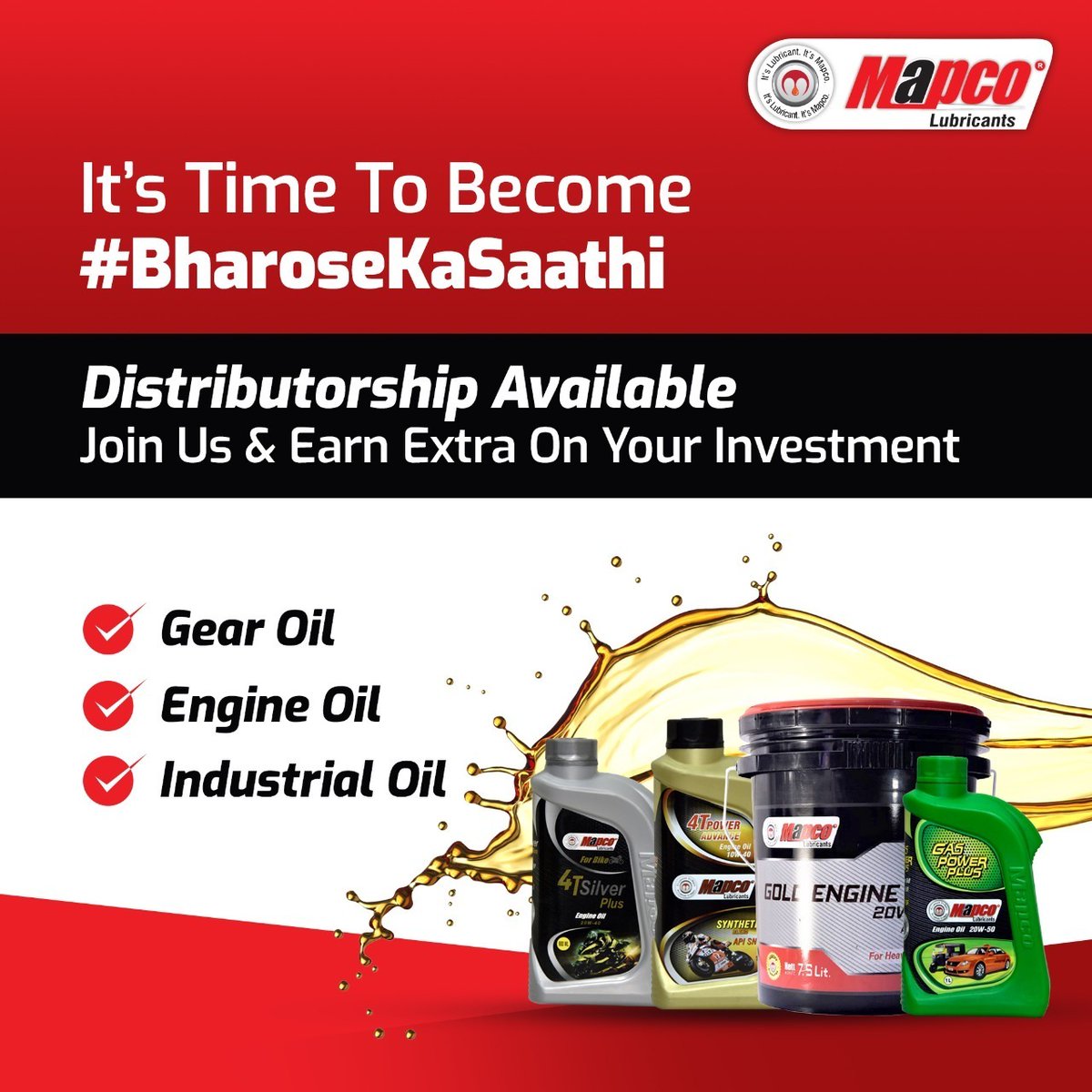 MapcoCorporati2's tweet photo. Together We Will Grow!

Join hands with #Mapco Lubricant &amp; become a leading distributor of lubricants. We are dedicated to offer excellent #automotive and industrial lubricants across #India.

To know more about our product range, call us at +91 22-6565-4507.

#BharoseKaSaathi https://t.co/HJusTaisdR