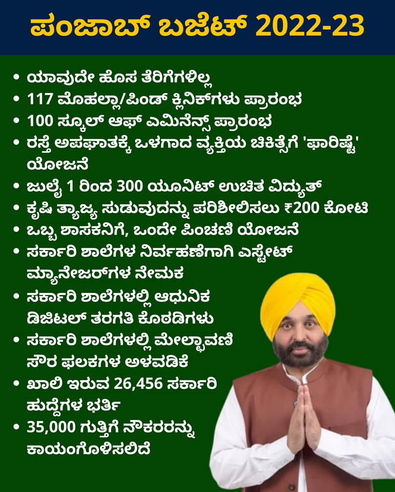 AAPMysuru's tweet photo. ಪಂಜಾಬ್‌ ಸಿಎಂ ಭಗವಂತ್‌ ಮಾನ್‌ ನೇತೃತ್ವದ ಎಎಪಿ ಸರ್ಕಾರವು ಮೊದಲ ಬಜೆಟ್‌ನಲ್ಲಿ ಹಲವು ಜನಪರ ಯೋಜನೆಗಳನ್ನು ಘೋಷಿಸಿದೆ.
Aam Aadmi Party government of Punjab, led by Chief Minister, Bhagwanth Mann, has in its first budget, announced many pro people schemes.
#AamAadmiParty #AAP #AapMysuru #Mysore https://t.co/GQT1fShZJp