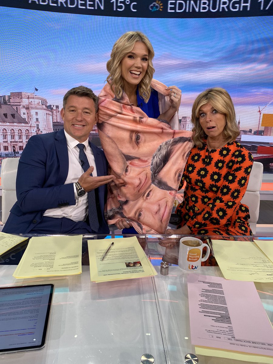 CharlotteHawkns's tweet photo. Welcoming @benshephard back to @GMB this morning - I am wrapped in my favourite blanket but not sure @kategarraway is convinced… 😆 https://t.co/wFDBpGEzz6