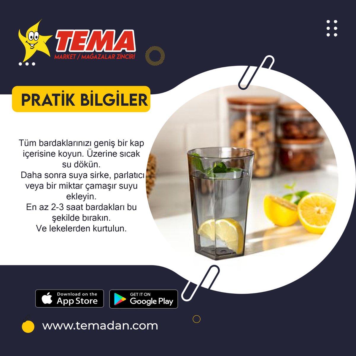 Pratik Bilgilerde Bugün 💫 

Tüm bardaklarınızı geniş bir kap içerisine koyun. Üzerine sıcak su dökün. Daha sonra suya sirke, parlatıcı veya bir miktar çamaşır suyu ekleyin. En az 2-3 saat bardakları bu şekilde bırakın. Ve lekelerden kurtulun.

 #temaavm #pratikbilgilerdebugün