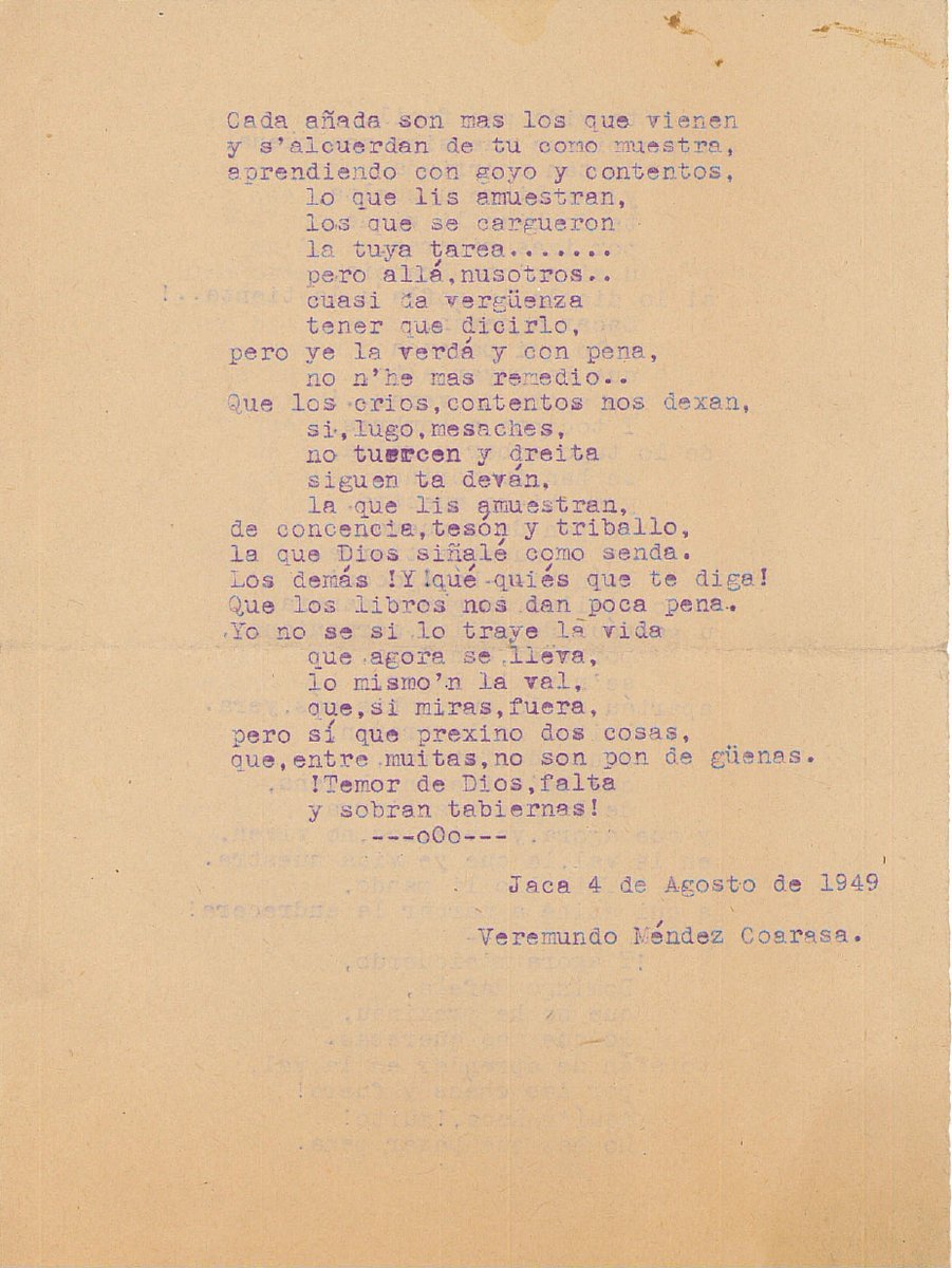 archivounizar's tweet photo. Comienzan pronto los cursos de verano de Jaca. Nos vamos de vacaciones regalándoos uno de los poemas en fabla chesa (aragonés del Valle de Hecho), que el poeta Veremundo Méndez escribe en homenaje a Domingo Miral, fundador de estos cursos pioneros en nuestro país #cheso https://t.co/0a0UJZIluk