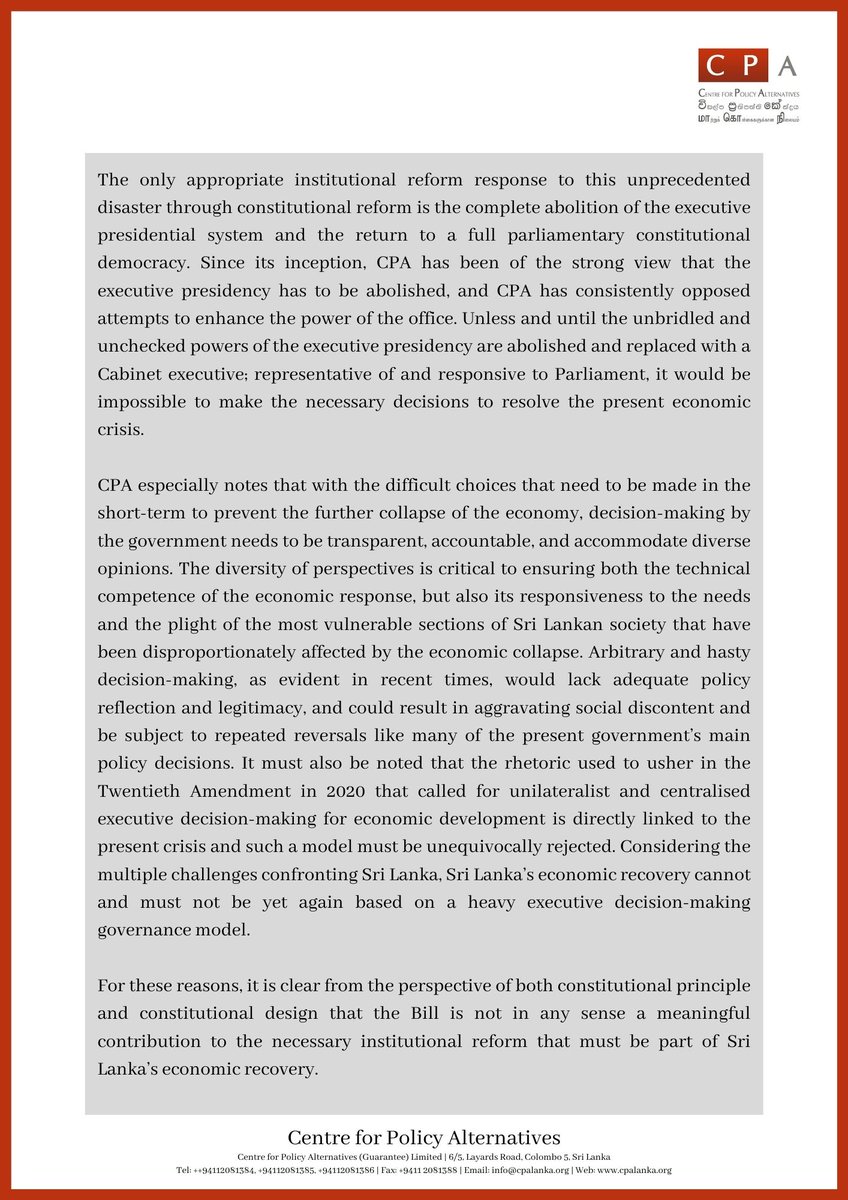 CPASL's tweet photo. Window-dressing & more token reforms?
CPA's Statement on the #22ndAmendment to the Constitution proposed by the #Government.
Read the full statement here: https://t.co/BxRUrhFLwR
#SLnews #GoHomeRajapaksas #EconomicCrisisLK #SriLanka #Parliament https://t.co/hEuNnGe34G