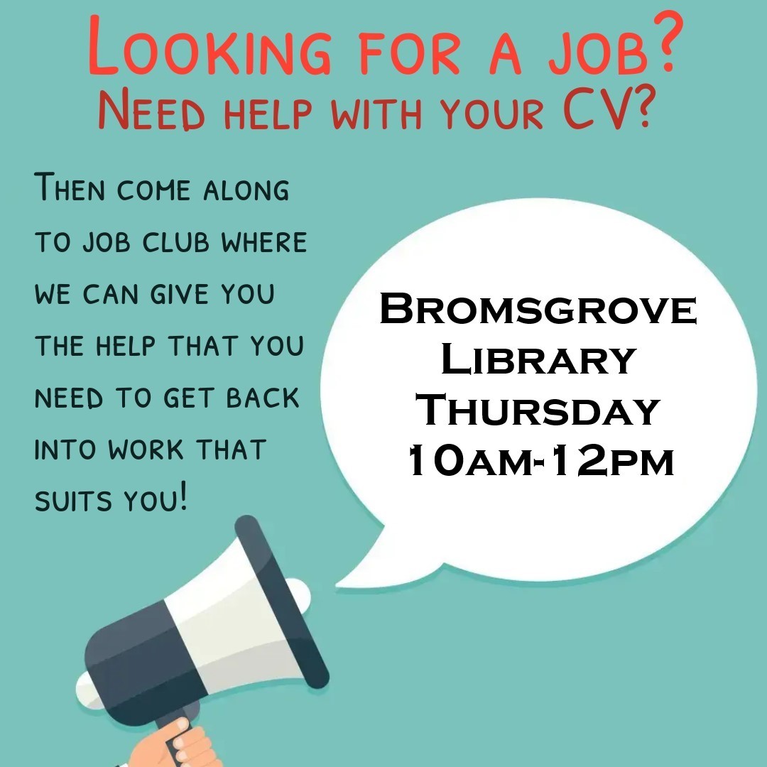 gemma_job's tweet photo. Don't forget, JOB CLUB @Bromsgrove Library every Thursday from 10am to 12.00pm - Come along to speak to the Job Coaches and learn how they could help you. 
#WeWorkTogether #WeMakeThingsBetter #WeDoTheRightThing #Fusion #BBO https://t.co/yzTomvzehi
