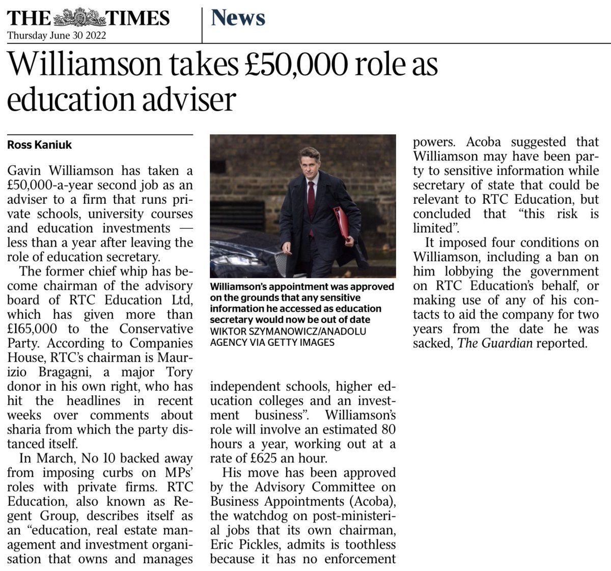 What’s an ex-Education Secretary worth? £625 an hour from firm which is big Conservative Party donor.