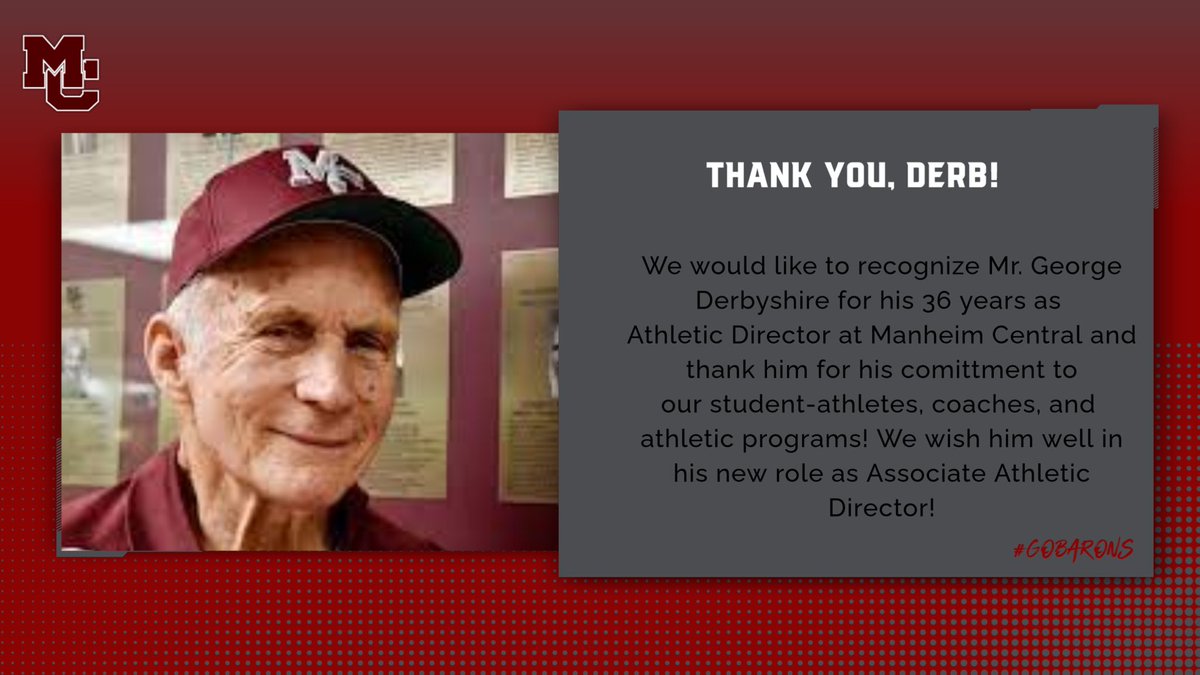 BaronSports717's tweet photo. After 36 years, today is Derb’s last day as Athletic Director at MC and he will transition to a new role of Associate AD. We would like to recognize and thank him for all he has done for our athletic programs, student-athletes, and community! #ProudtobeaBaron 

@ManheimCentral https://t.co/aKfzPEZP10