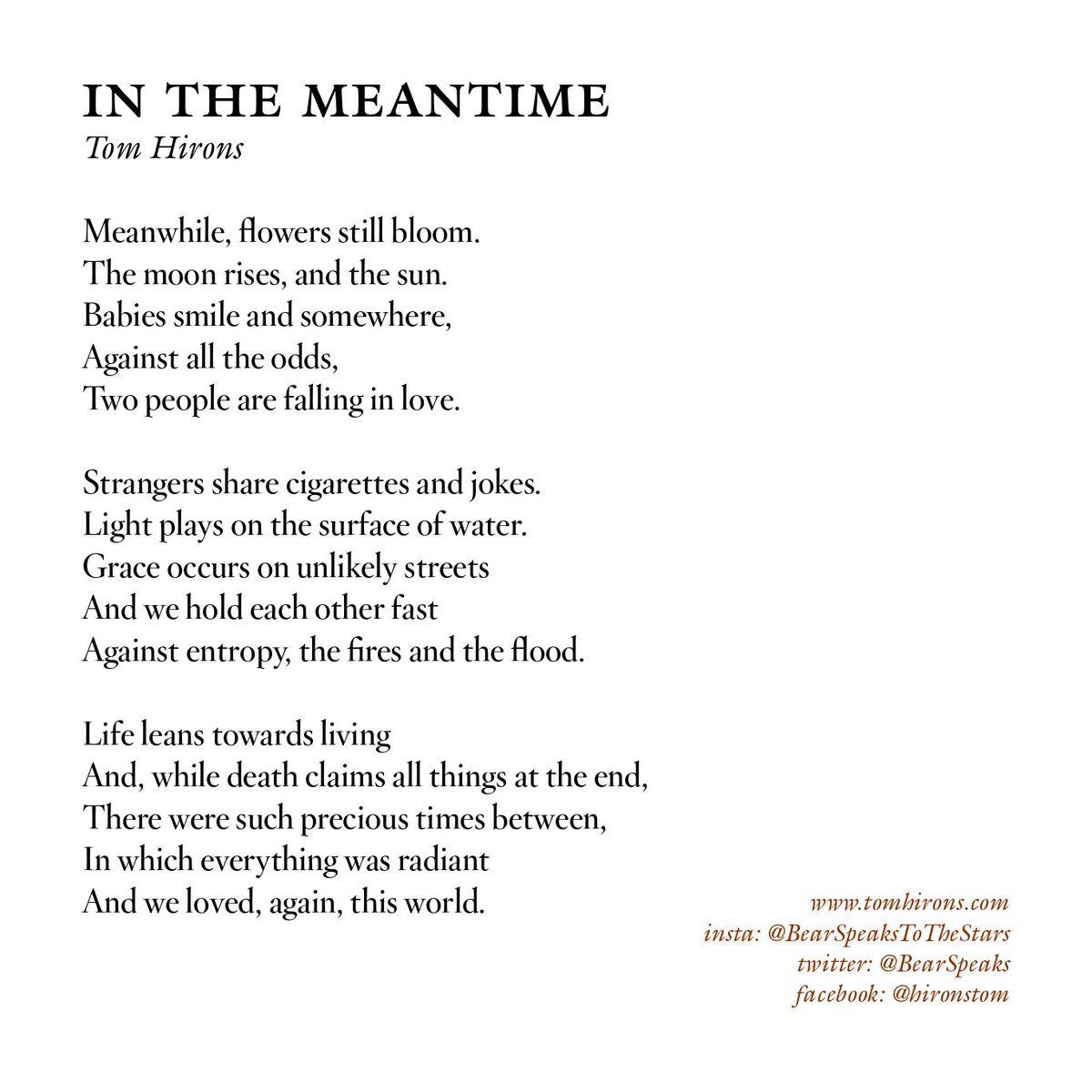 IN THE MEANTIME

You may remember this poem from a few weeks ago. Here it is again, with the very lightest of edits. From the sound of it, some of you found it useful in a strong time, and we're certainly in strong times again now.

#poetry #hope #love #beinginlovewiththeworld