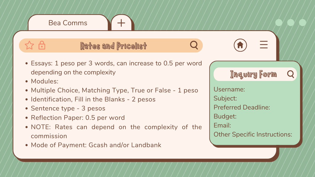 ˗ˋˏ !hello commstwt¡ ˎˊ˗

🐸 — welcome to bea comms! your one dm away acad helper is here to assist you with your tasks and outputs at budget-friendly rates 💚 

get to know more about me by checking the commsheet below <33

feedbacks: #vouchbea
updates: #beacommsupdate