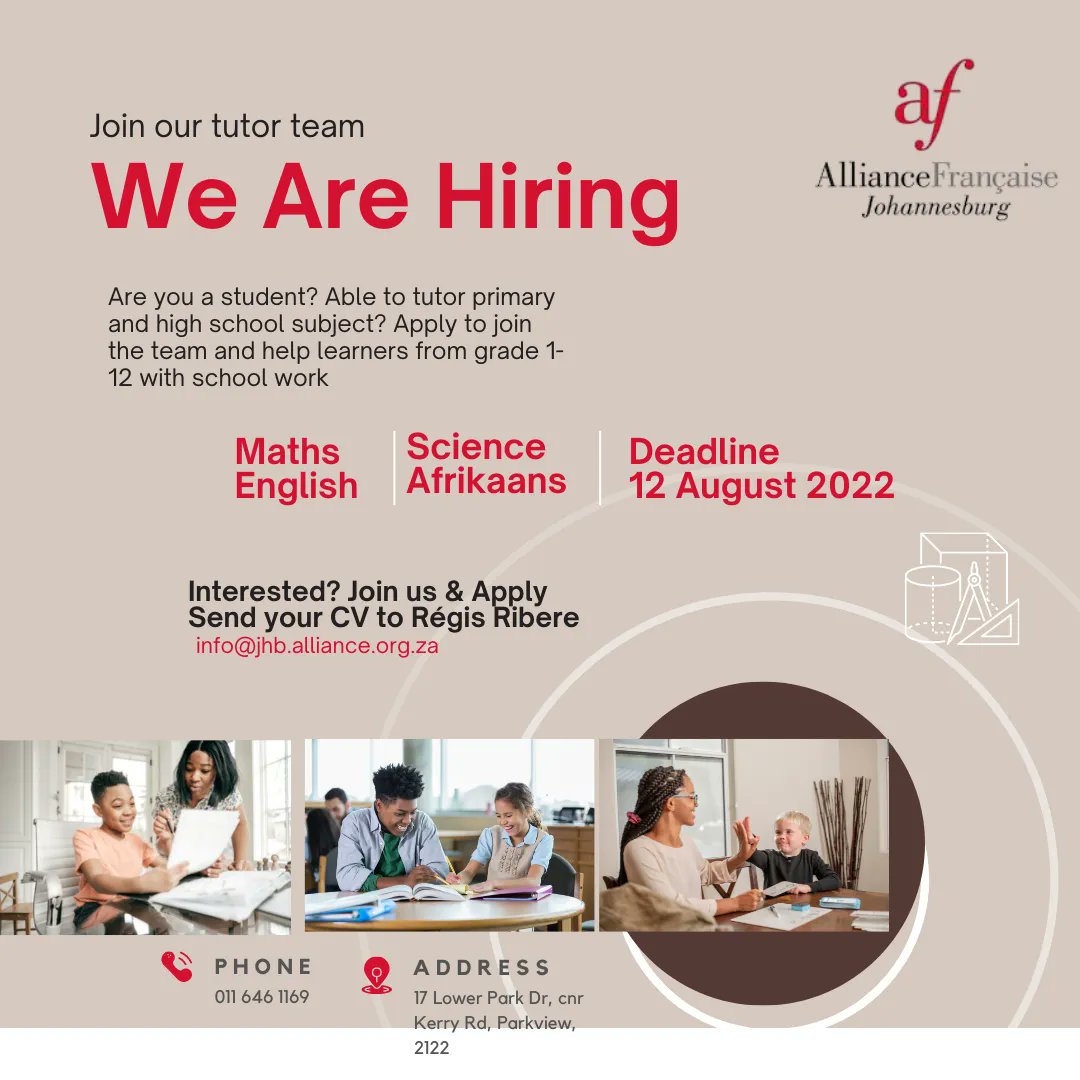 AFJoburg's tweet photo. Are you a student? Good at subjects such as English, Math, Afrikaans or Science? Are you able to tutor grade primary or high school learners? Join our tutors’ team and send us your CV now.
#AFJHB #Supportclass #tutoringprogram https://t.co/j4DaPqedqn