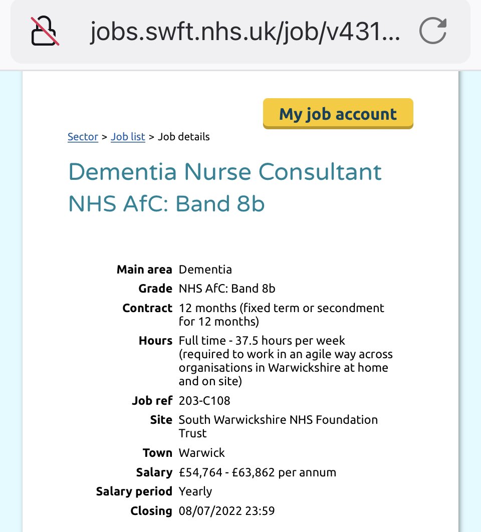With the launch of the countywide dementia strategy this is the time to be a key player in delivering this strategy whilst providing clinical leadership across all our dementia dedicated services <a href="/GEHNHSnews/">George Eliot Hospital NHS Trust</a> <a href="/nhsswft/">@nhsswft</a> <a href="/Warwickshire_CC/">Warwickshire County Council</a> <a href="/CWPT_NHS/">Coventry and Warwickshire Partnership NHS Trust</a> jobs.swft.nhs.uk/job/v4318311