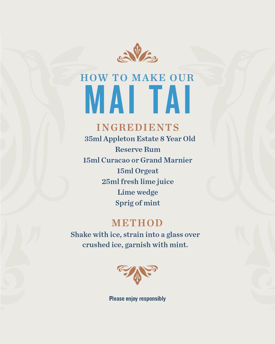 AppletonRumUK's tweet photo. What’s your favourite #rumcocktail? We love a #MaiTai with all its delicious, fruity flavours. Make ours for #NationalMaiTaiDay #seerecipe. #celebrategoodtimes #appletonestaterum #maitai #maitaicocktail #cocktailrecipe #cocktaillovers #drinksrecipe Please enjoy responsibly. https://t.co/Z1kFsBQPya