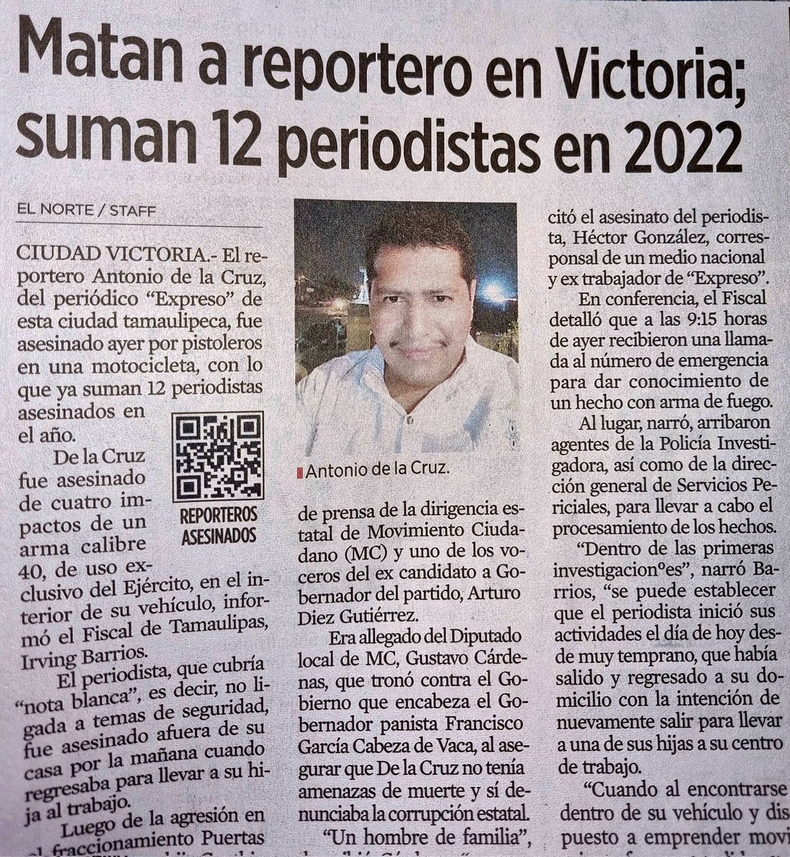 Antonio de la Cruz QEPD  Periodista de Ciudad Victoria que denuncia Corrupción es  Asesinado   BASTAAAA  ‼️ CUÁNTOS  Más AMLO Morena 4T Asesinos . #ConLosPeriodistasNo #NoSeMataLaVerdad #FelizJuevesATodos ❓️