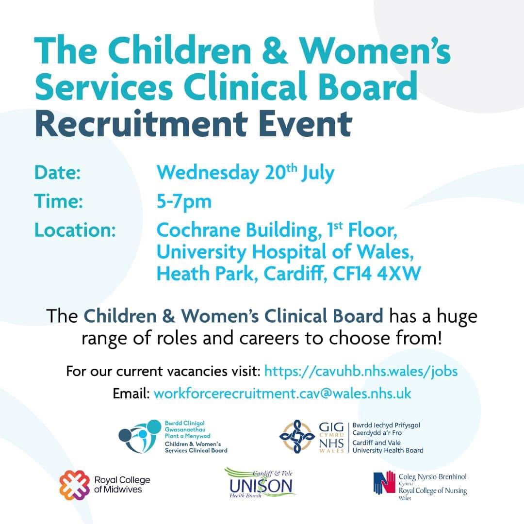 Children and Women's (@cavcw) on Twitter photo Looking for a career change or new job in the NHS? Come along & join us - we have a range of roles available;Nursing (Adult & Childrenās), Midwifery, AHP, Admin, HCSW, Health Visiting and many more! Cakes, refreshments & some free gifts available too! Learn more about us! <a href="/CV_UHB/">Cardiff and Vale University Health Board</a> Looking for a career change or new job in the NHS? Come along & join us - we have a range of roles available;Nursing (Adult & Childrenās), Midwifery, AHP, Admin, HCSW, Health Visiting and many more! Cakes, refreshments & some free gifts available too! Learn more about us! <a href="/CV_UHB/">Cardiff and Vale University Health Board</a>