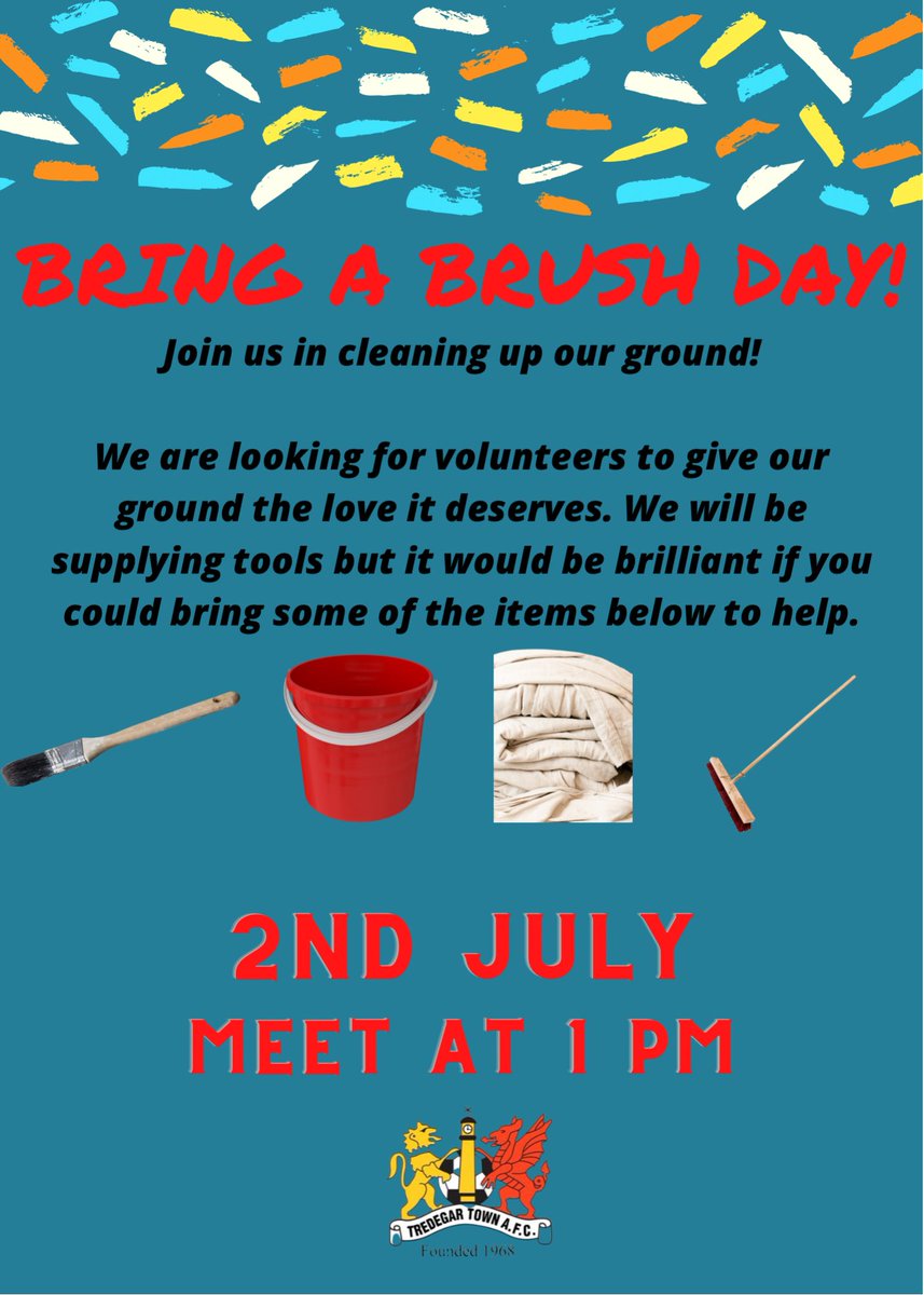 The ground needs a clean up. We are painting railings, cleaning paths , cleaning dugouts , litter picking and painting the stand. Every little helps with donations of tools and volunteers. <a href="/tredegarwales/">Tredegar, Blaenau Gwent, Wales</a> <a href="/FCTredegar/">⚽️ | FC Tredegar 🏴󠁧󠁢󠁷󠁬󠁳󠁿</a> <a href="/YGTredegarCS/">Ysgol Gyfun Tredegar</a> <a href="/TredegarCouncil/">Tredegar Town Counci</a> let’s make the Town proud 🔴⚫️