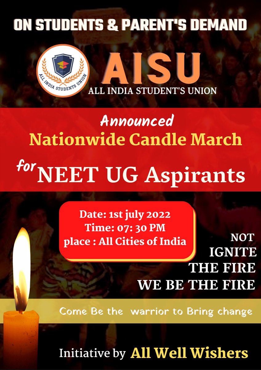 Official_AISU's tweet photo. At the occasion of #NationalDoctorsDay 
#CandleMarch
Time:7:30PM Tomorrow
Date: 1st July 
Please be ready at your city with Students or at your home with family 
Come be the warrior to Bring change
#MODIJIextendNEETUG 
#RemoveDharmendraPradhan https://t.co/fF64LEWQuX
