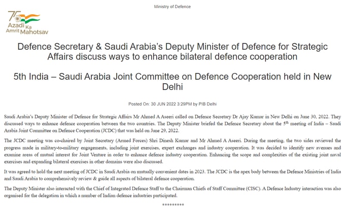 #SaudiArabia’s Deputy Minister of Defence for Strategic Affairs Ahmed A Aseeri called on #DefenceSecretary Dr. Ajay Kumar in #NewDelhi today.

They discussed ways to enhance defence cooperation between the two countries: Ministry of Defence.

#IADN