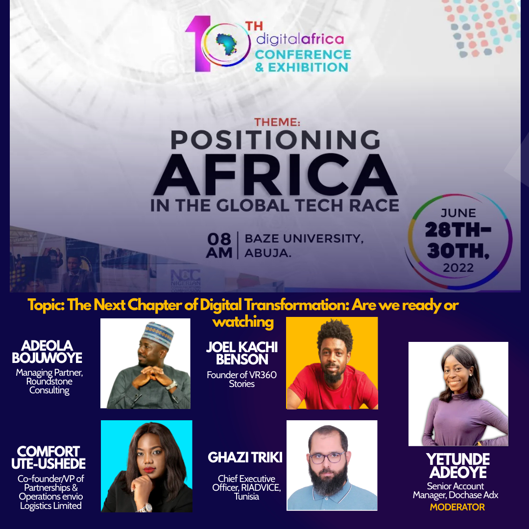 Digital_Africa's tweet photo. Session going on Live: Topic: The Next Chapter of Digital Transformation: Are we ready or watching.
You can join online https://t.co/QFdVyaYSfX
.
#DA2022 #DACE22 #Innovation #DigitalTransformation #Technology https://t.co/NdZ1t8gg4J