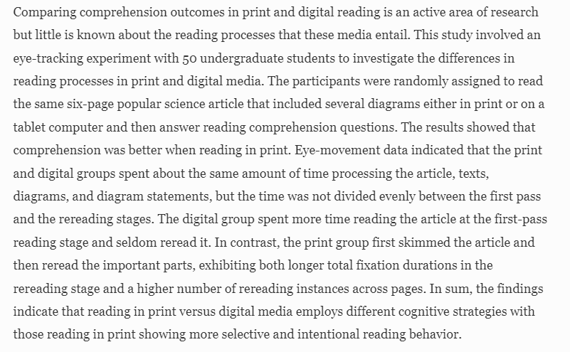 DTWillingham's tweet photo. Small study shows better comprehension of science passage via print compared to screen. Eye movements indicated different strategies used in reading each https://t.co/KmduKNUqul https://t.co/kyx30NpthJ