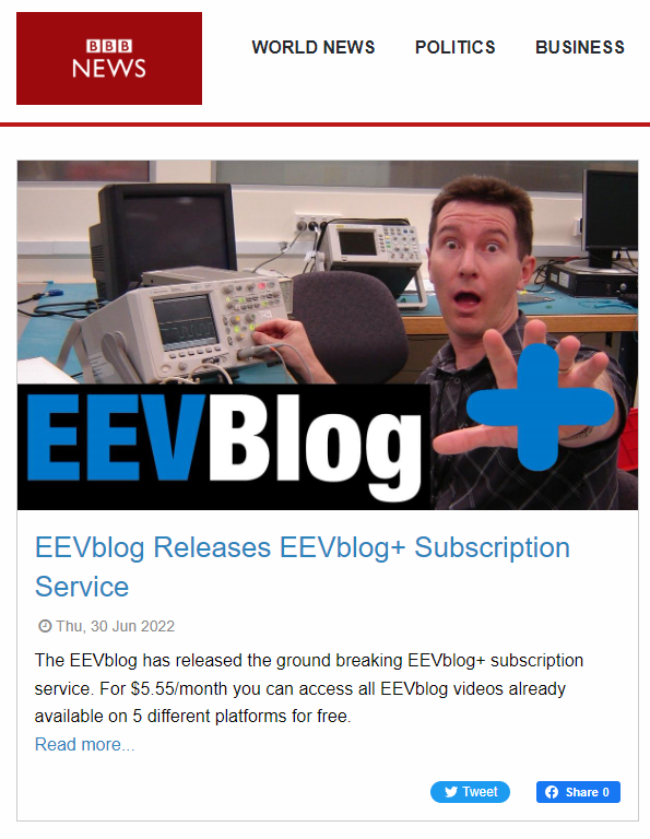 eevblog's tweet photo. MAJOR ANNOUNCEMENT: 

The EEVblog has released the ground breaking EEVblog+ subscription service. For $5.55/month you can access all EEVblog videos already available on 5 different platforms for free. https://t.co/8bNs8JxRx1