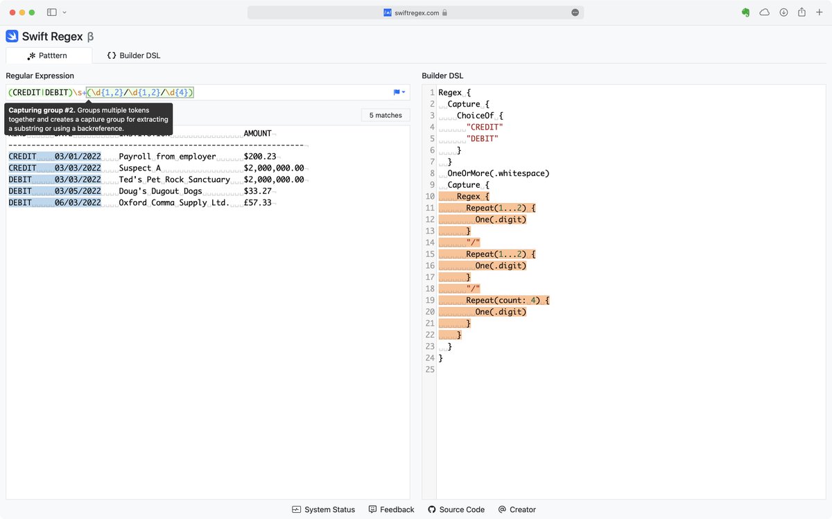 k_katsumi's tweet image. Created swiftregex.com - Live Swift Regex tester and Regex Builder converter.

Build, test, and learn Swift Regex and Regex Builder.
