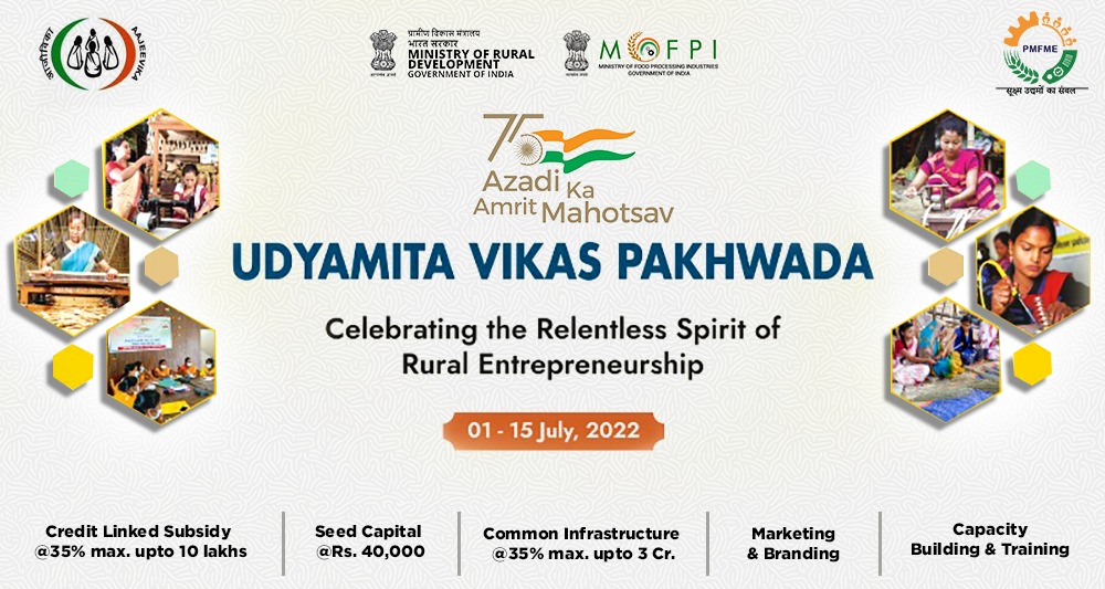PMFMEScheme's tweet photo. #PMFMEScheme encourages and supports rural entrepreneurship during the "Udyamita Vikas Pakhwara" being organized by @MoRD_GoI from 1st-15th July 2022 for women Self Help Groups.

Click here to join the event online on 1st July 2022 at 10:30 AM: https://t.co/QS7UPAQFnZ https://t.co/mkclx7kbBQ