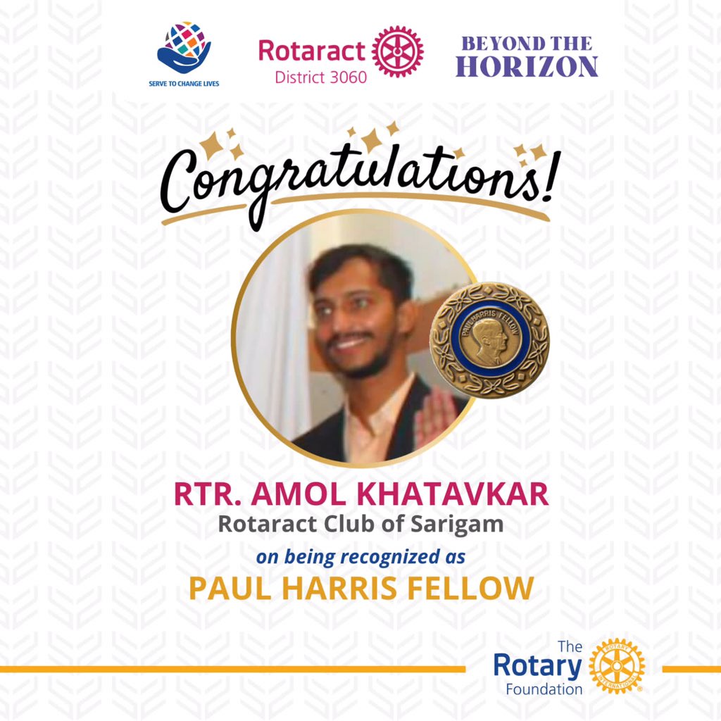 We, 𝐑𝐨𝐭𝐚𝐫𝐚𝐜𝐭 𝟑𝟎𝟔𝟎 feel immense pleasure to share the contribution of 𝐑𝐭𝐫. 𝐀𝐦𝐨𝐥 𝐊𝐡𝐚𝐭𝐚𝐯𝐤𝐚𝐫 from 𝐑𝐨𝐭𝐚𝐫𝐚𝐜𝐭 𝐂𝐥𝐮𝐛 𝐨𝐟 𝐒𝐚𝐫𝐢𝐠𝐚𝐦 towards The Rotary Foundation.

Let’s congratulate him on being recognised as 𝐏𝐚𝐮𝐥 𝐇𝐚𝐫𝐫𝐢𝐬 𝐅𝐞𝐥𝐥𝐨𝐰