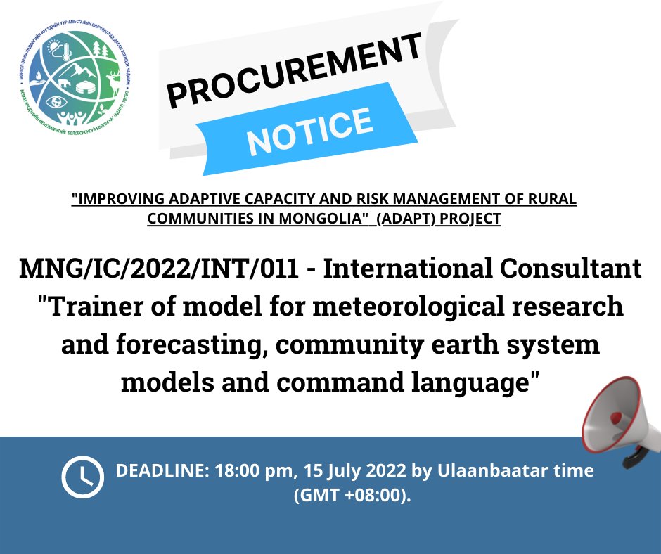 ADAPTProjectMN's tweet image. 📢📢📢@ADAPTProjectMN  invites candidates to send their applications for the assignment - Trainer of model for meteorological research and forecasting, community earth system models, and command language.
⏰Deadline: 18:00 PM, 15 July 2022 
👉Apply: t.ly/qza5