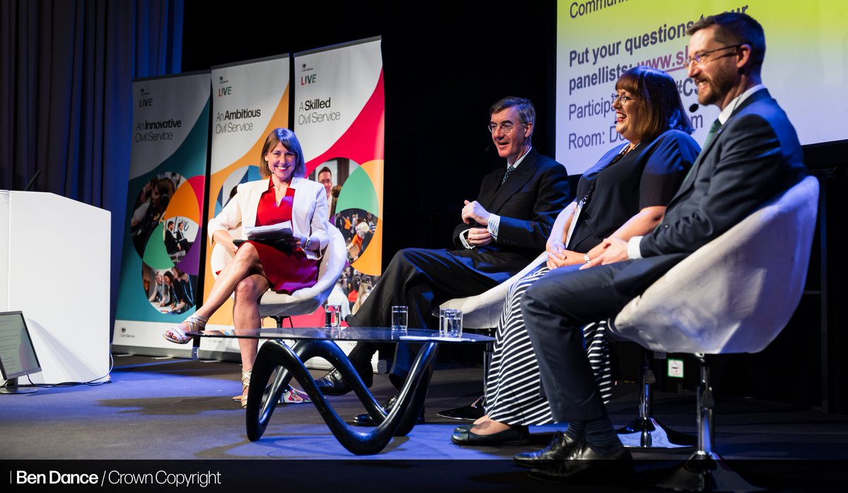 'The Civil Service performs an absolutely fundamental role to how this country is governed and does it stunningly well.' Minister @Jacob_Rees_Mogg praises civil servants at #CivilServiceLive in Newcastle today, joined by panellists Simon Case, Alison Hilton, and Sharon Sawers.