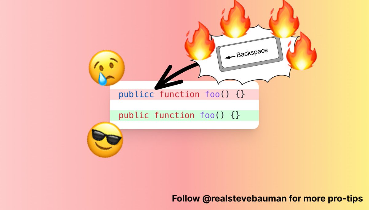 stevebauman's tweet photo. It’s important not to panic if have a syntax error. You can press the backspace key to try again. You can do this an unlimited number of times! #protip #masterprogrammer https://t.co/1F0ukgPyxq
